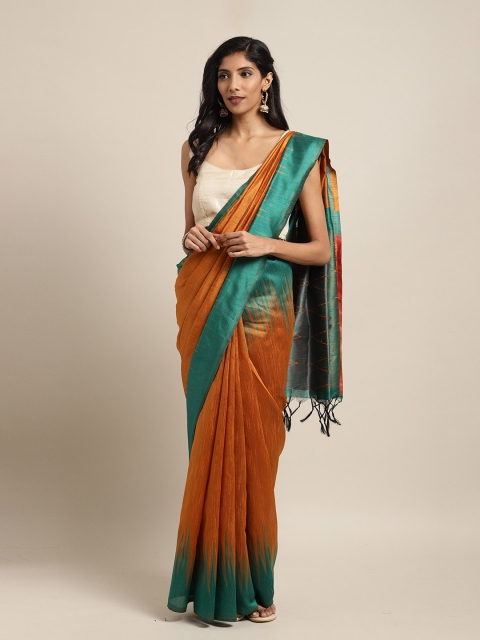 

Mitera Orange & Green Silk Blend Woven Design Ikat Saree