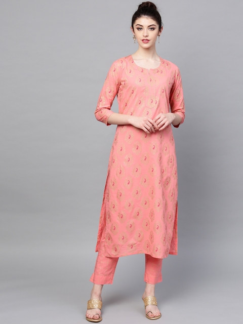 

Ishin Women Pink Ethnic Motifs Printed Regular Pure Cotton Kurta with Trousers