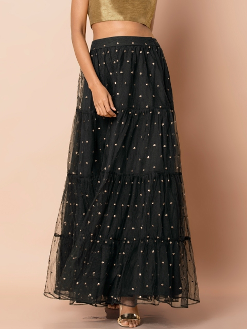 

INDYA Women Black Self Design Maxi Flared Skirt