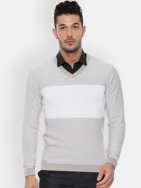 

Van Heusen Men Grey & White Striped Sweater