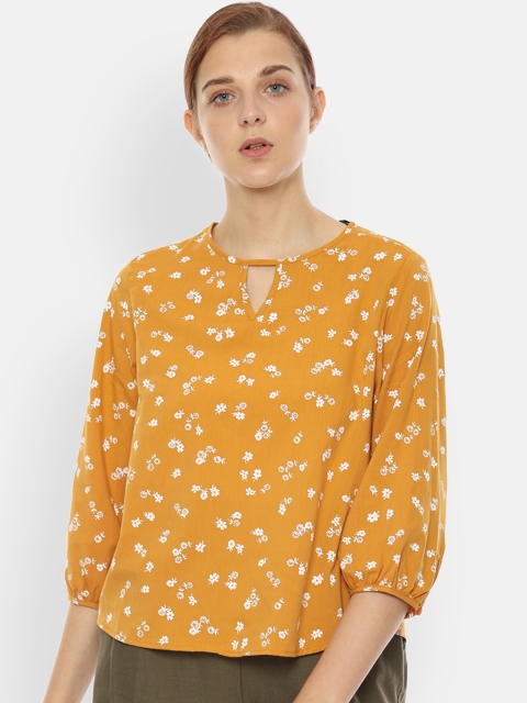 Van Heusen Women Mustard Yellow & White Ditsy Floral Print Top