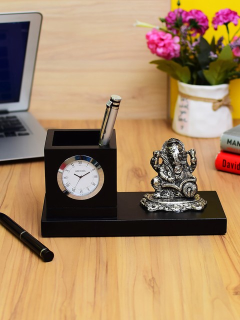 

Archies Black & Silver-Toned Ganesha Rectangle Solid Analogue Table Clock