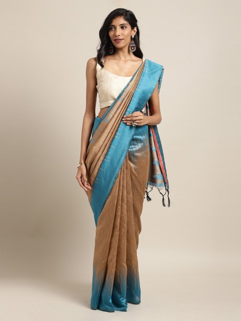 

Mitera Beige & Blue Silk Blend Woven Design Ikat Saree