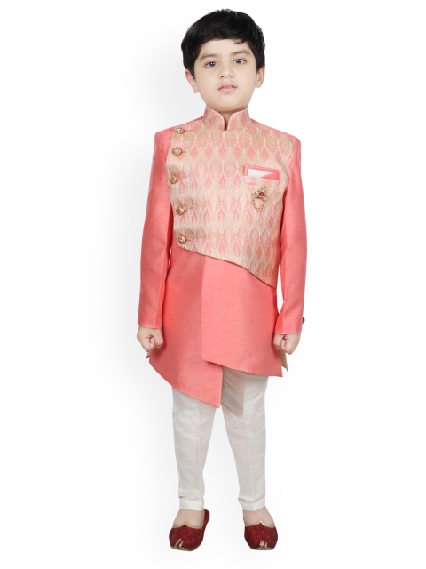 

SG YUVRAJ Boys Peach-Coloured & Off-White Woven-Design Woven-Design Raw-Silk Sherwani