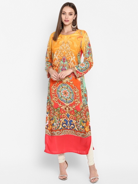 

ZOEYAMS Women Yellow & Orange Printed Straight Kurta