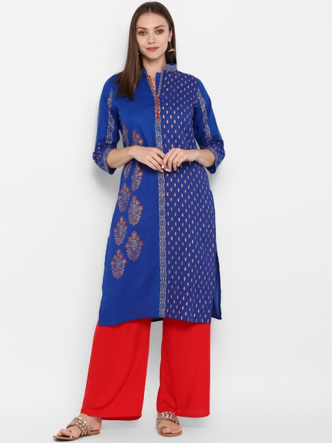 

ZOEYAMS Women Blue & Red Block Printed Straight Kurta