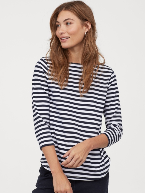 

H&M Women Blue & White Striped Boat-Necked Top