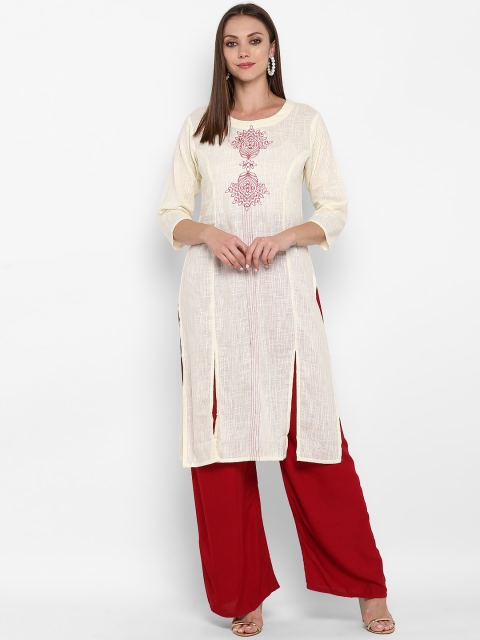 

ZOEYAMS Women Cream-Coloured & Maroon Embroidered Straight Kurta