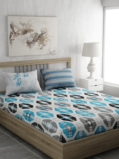 

EverHOME Blue & Black Geometric 144 TC Cotton 1 Queen Bedsheet with 2 Pillow Covers