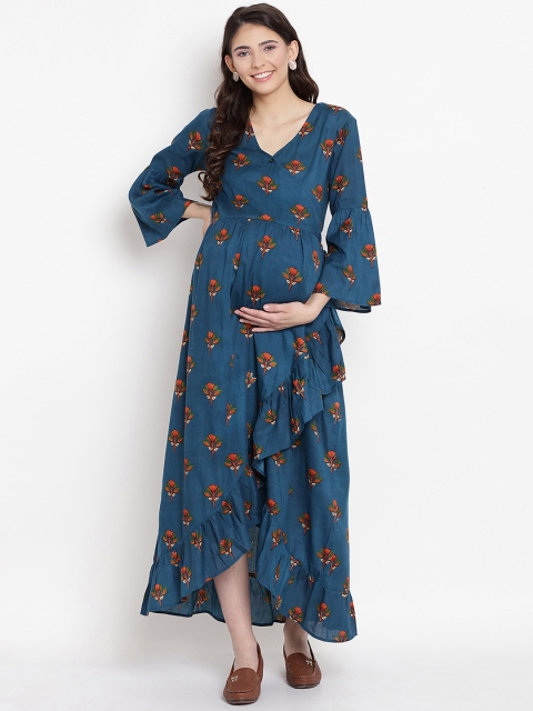 

Mine4Nine Women Teal Blue Floral Printed Maxi Dress