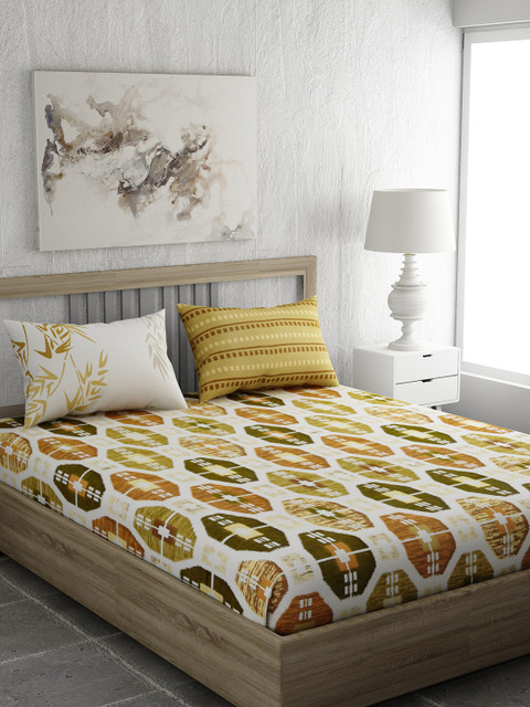 

EverHOME Yellow & Olive Green Geometric 144 TC Cotton 1 Queen Bedsheet with 2 Pillow Covers