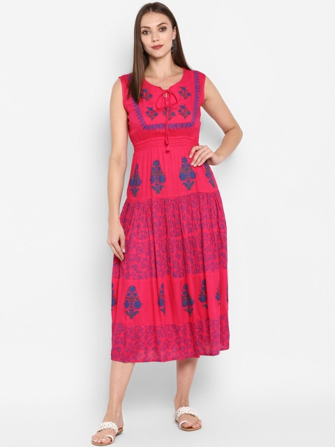 

ZOEYAMS Women Pink & Blue Block Printed A-Line Kurta