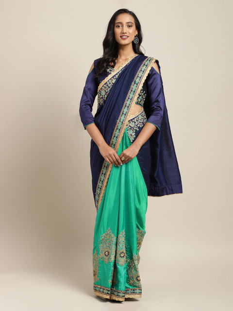 

Mitera Navy Blue & Green Poly Silk Embroidered Half & Half Saree