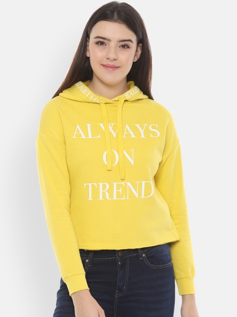 

People Women Yellow & White Printed Hooded Sweatshirt