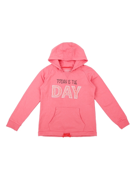 

Pantaloons Junior Girls Coral Pink Printed Hooded Sweatshirt