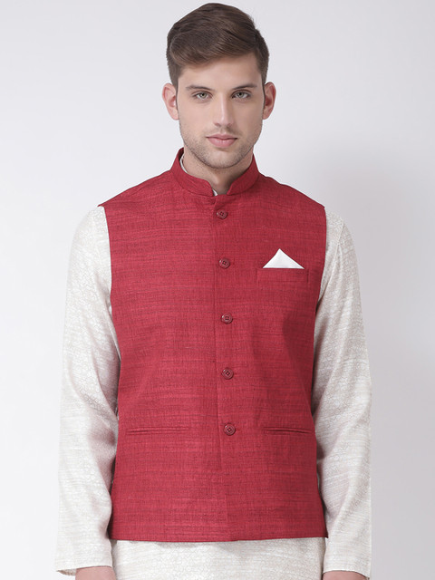 

TABARD Men Maroon Woven Design Pure Silk Nehru Jacket