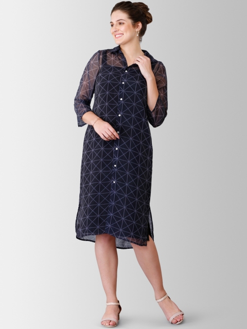 

FableStreet Women Navy Blue Printed Shirt Dress