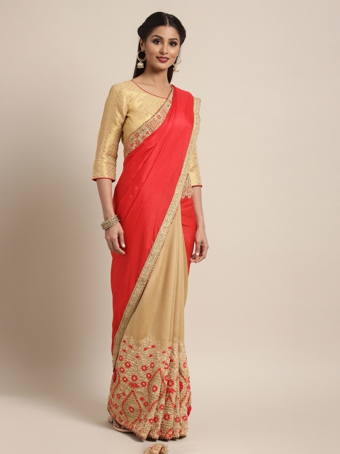 

Mitera Red & Beige Poly Silk Embroidered Saree