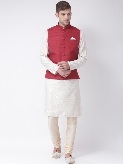 

TABARD Men White & Maroon Nehru Jacket Kurta Churidar Set