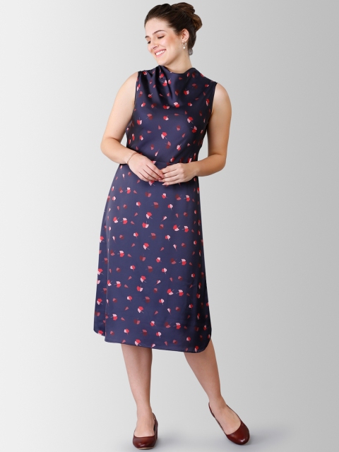 

FableStreet Women Printed Navy Blue Satin A-Line Dress