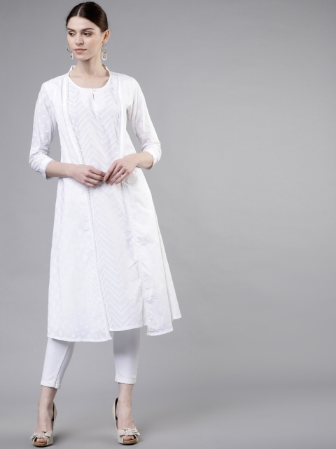 

Vishudh Women White Woven Design A-Line Kurta