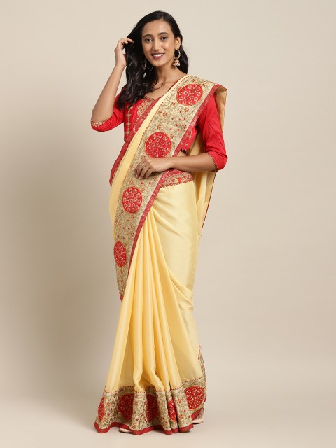 

Mitera Beige Solid Poly Georgette Saree