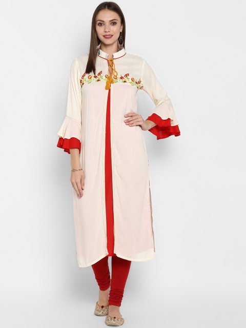 

ZOEYAMS Women Cream-Coloured Embroidered Straight Kurta