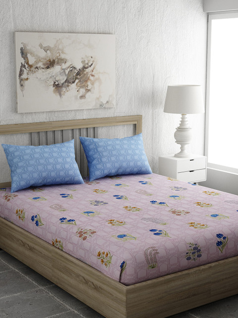 

EverHOME Pink & Blue Floral 144 TC Cotton 1 Queen Bedsheet with 2 Pillow Covers