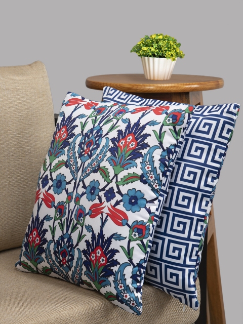 

HOUZZCODE White & Blue Set of 2 Ethnic Motifs Square Cushion Covers