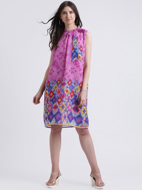 

AkaAyu Women Purple & Blue Printed A-Line Dress