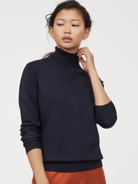 

H&M Women Blue Fine-Knit Polo-Neck Jumper