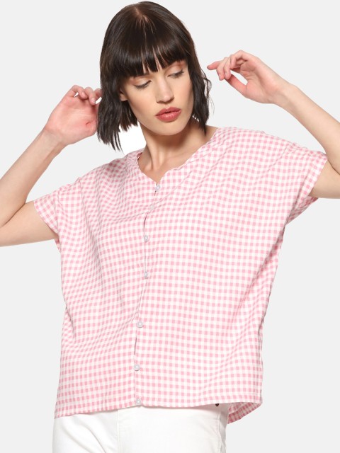 

Campus Sutra Women Pink Checked A-Line Top