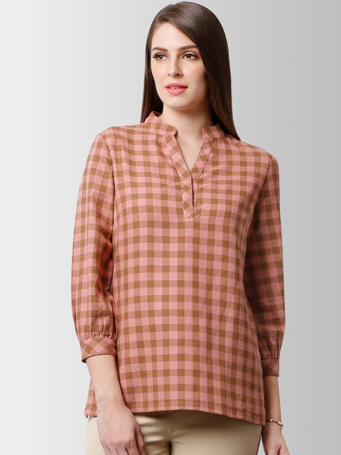 

FableStreet Women Pink Checked Shirt Style Top