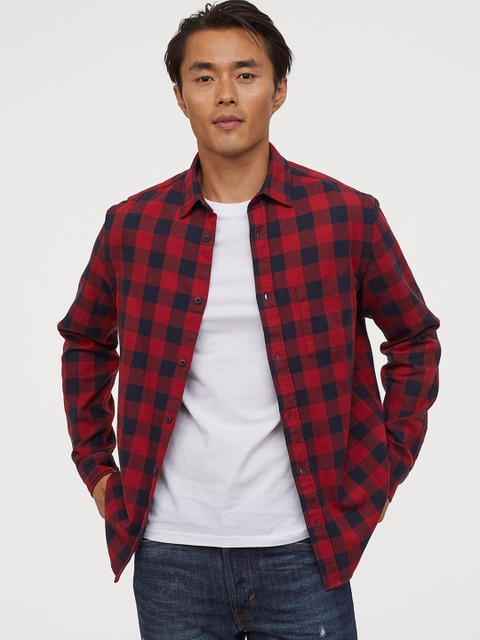 

H&M Men Red Checked Cotton Shirt Regular Fit