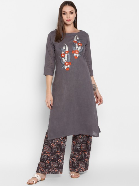 

ZOEYAMS Women Grey & White Floral Embroidered Straight Kurta
