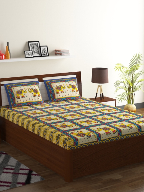 

Ispace Yellow & Blue Abstract 104 TC Cotton 1 Queen Bedsheet with 2 Pillow Covers
