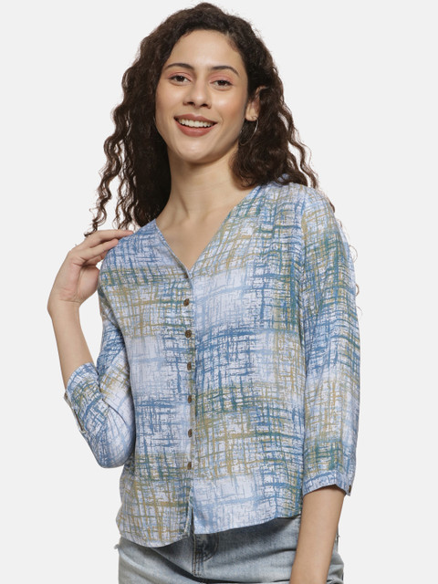 

Campus Sutra Women Blue & Brown Printed Shirt Style Top
