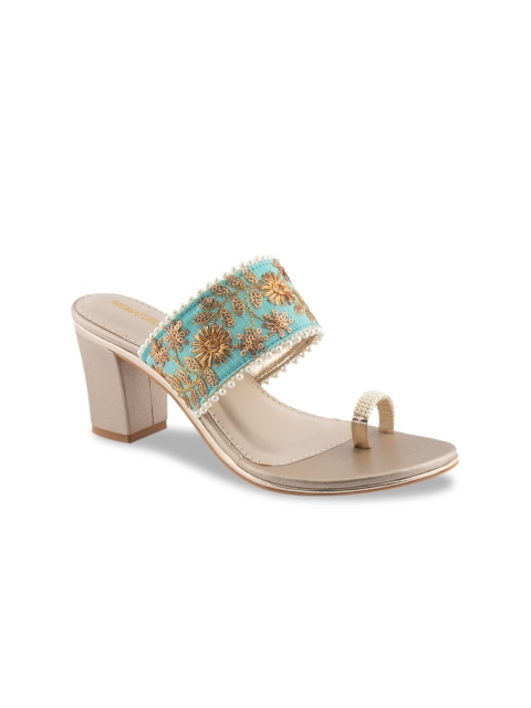 

Signature Sole Women Turquoise Blue & Gold-Toned Woven Design Heels