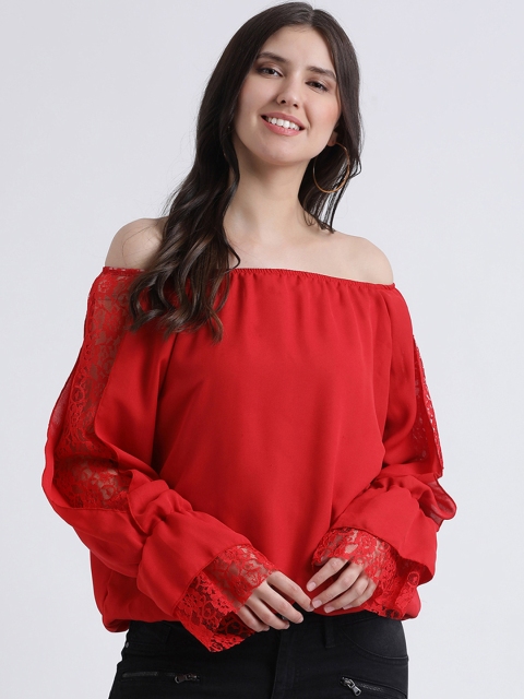 

AkaAyu Women Red Solid Bardot Top