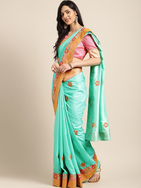 

Mitera Teal Blue Embellished Satin Saree