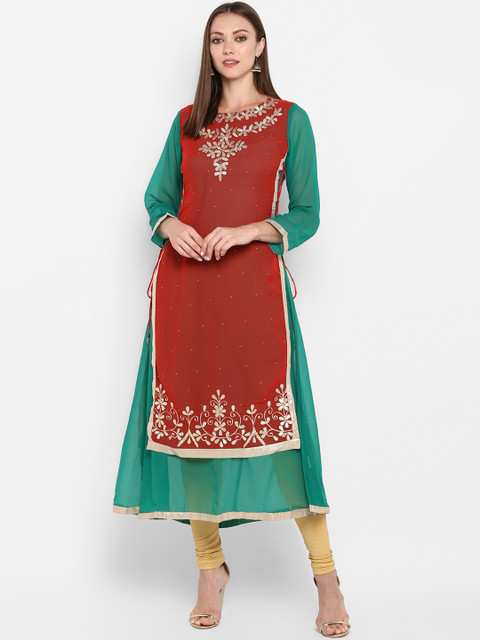 

ZOEYAMS Women Green & Red Embellished A-Line Layered Kurta