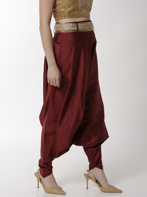

Ira Soleil Women Maroon Solid Silk Harem Pant With Embroidered Belt
