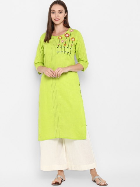 

ZOEYAMS Women Green & Red Floral Embroidered Detail Straight Kurta