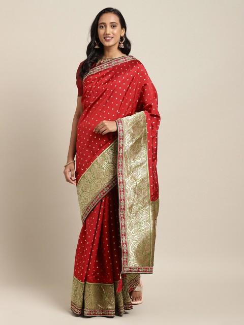 

Mitera Maroon & Gold-Toned Poly Silk Printed Saree