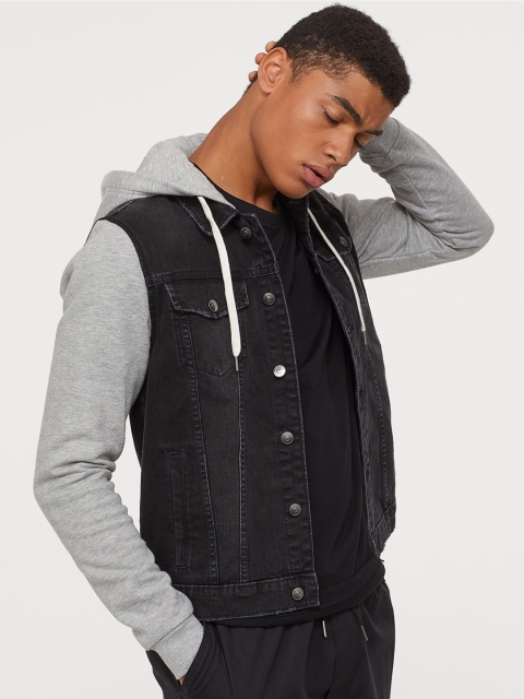 

H&M Men Black Solid Hooded Denim Jacket