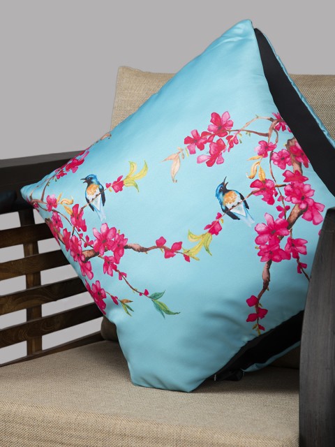 

HOUZZCODE Turquoise Blue & Multicoloured Printed Set of 2 Floral Square Cushion Covers