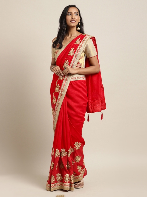 

Mitera Red Embroidered Poly Silk Saree