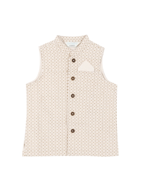 

Pantaloons Junior Boys Off-White & Beige Printed Pure Cotton Nehru Jacket