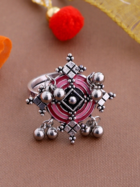 Studio Voylla Women Oxidized Silver-Plated & Red Finger Ring