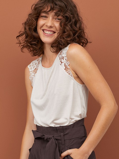

H&M Off-White Jersey Top With Lace